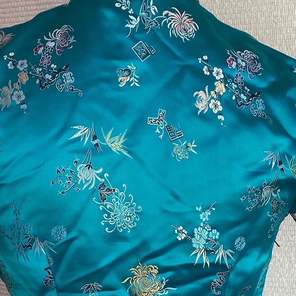 Vintage 6 Asian Print Satin Midi Dress Blue Green - Picture 2 of 8